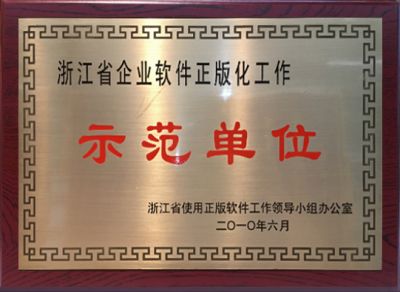 Demonstration unit of enterprise software legalization in Zhejiang Province of year 2010